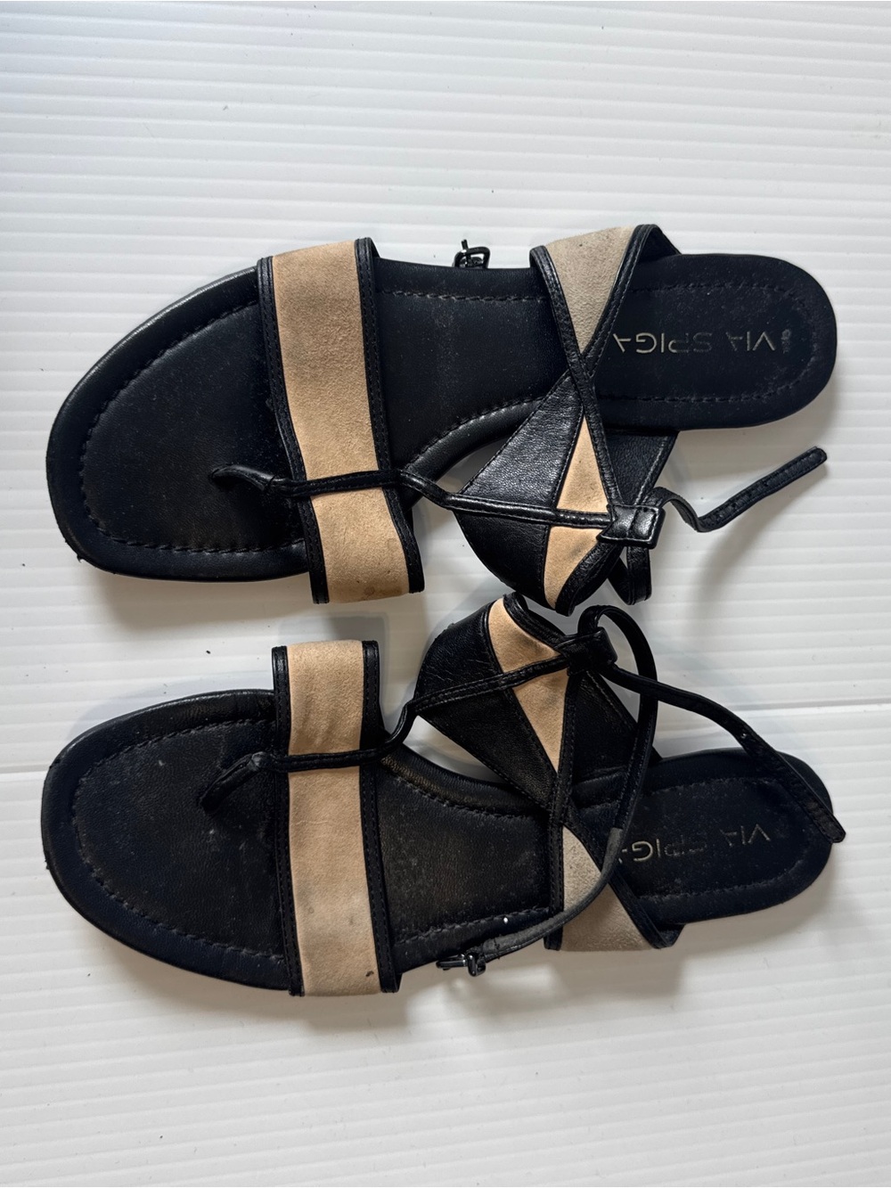 Via Spiga Dafina Leather Suede Strappy Sandals Beige Black Italy Size 8.5